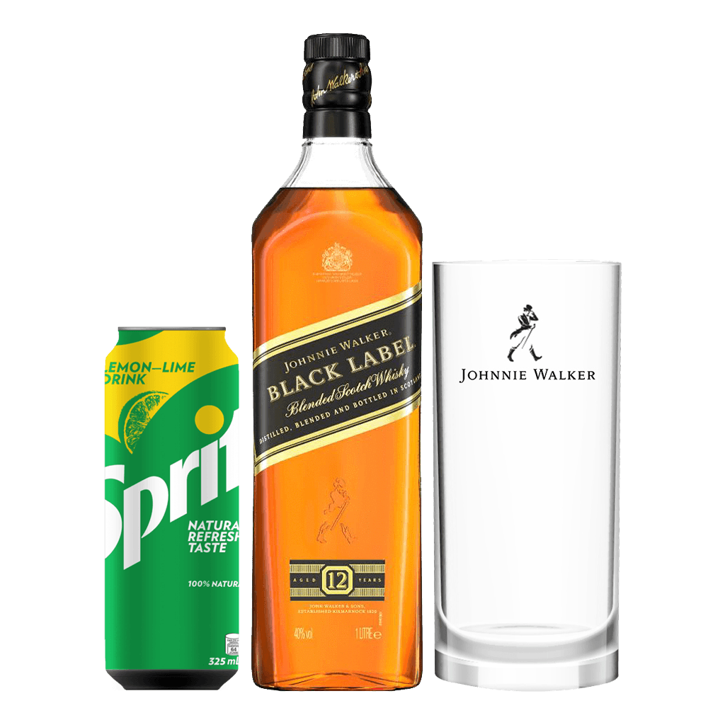 Johnnie Walker Black Label 1L + FREE Johnnie Walker Highball Glass and Sprite 325ml