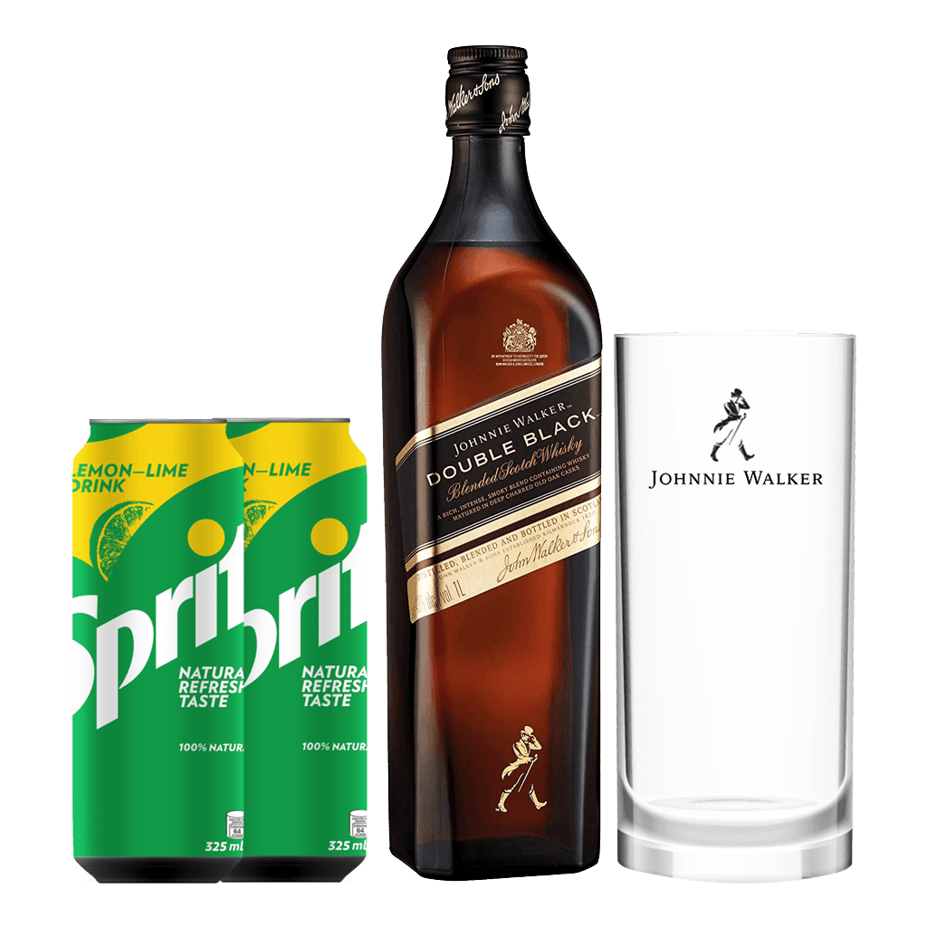 Johnnie Walker Double Black Label 1L + FREE Johnnie Walker Highball Glass and 2 Sprite 325ml