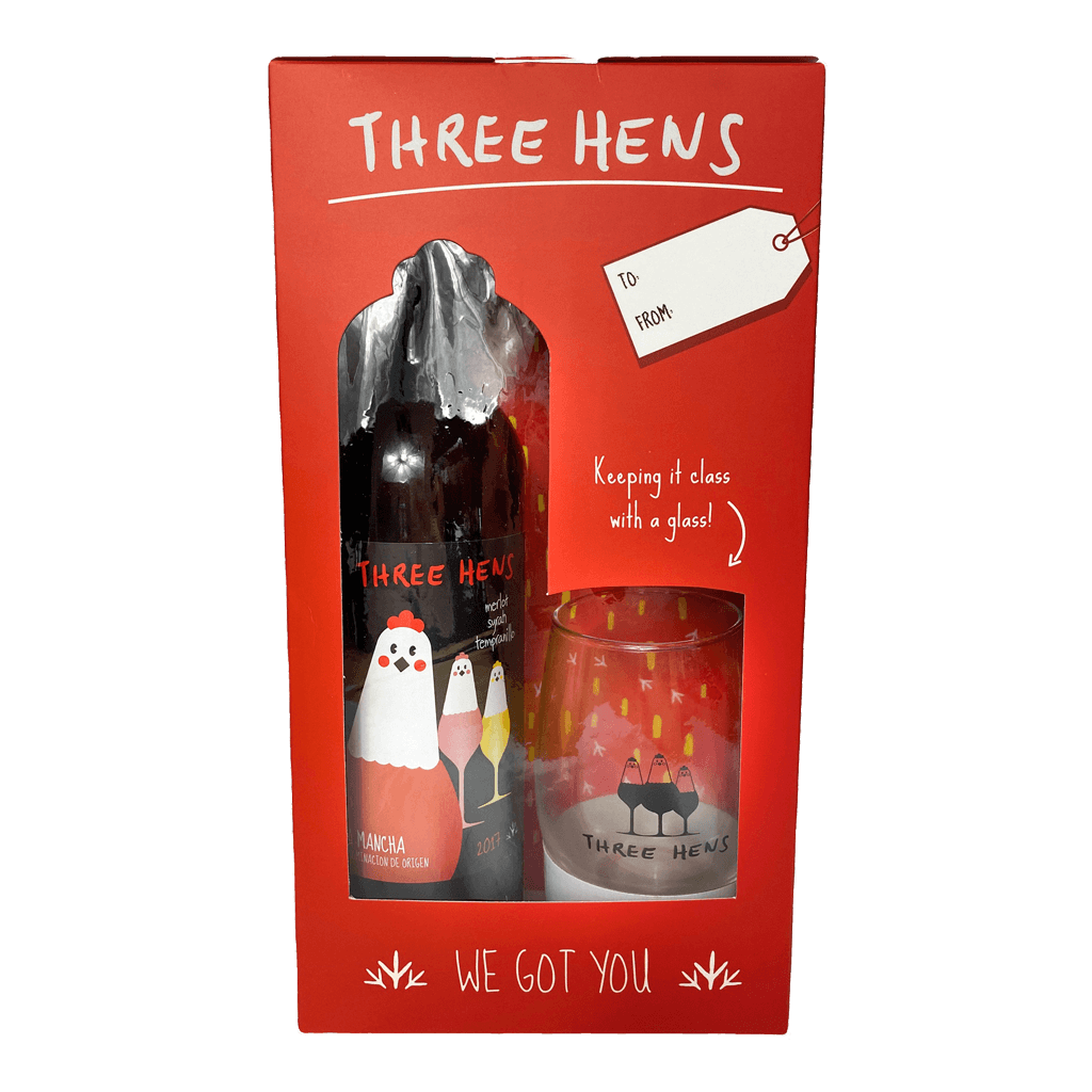 Three Hens Red Gift Set with Glass and Box